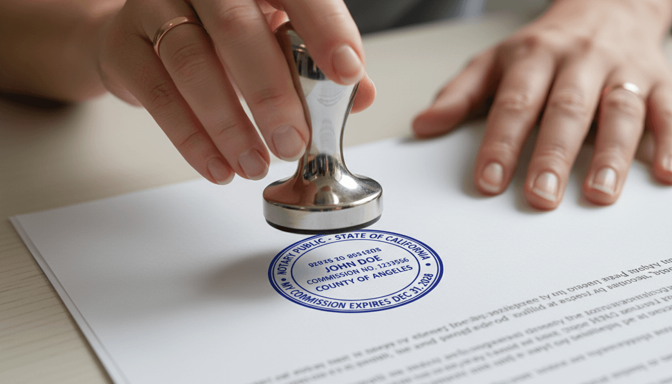 Notary stamp being pressed onto official documents