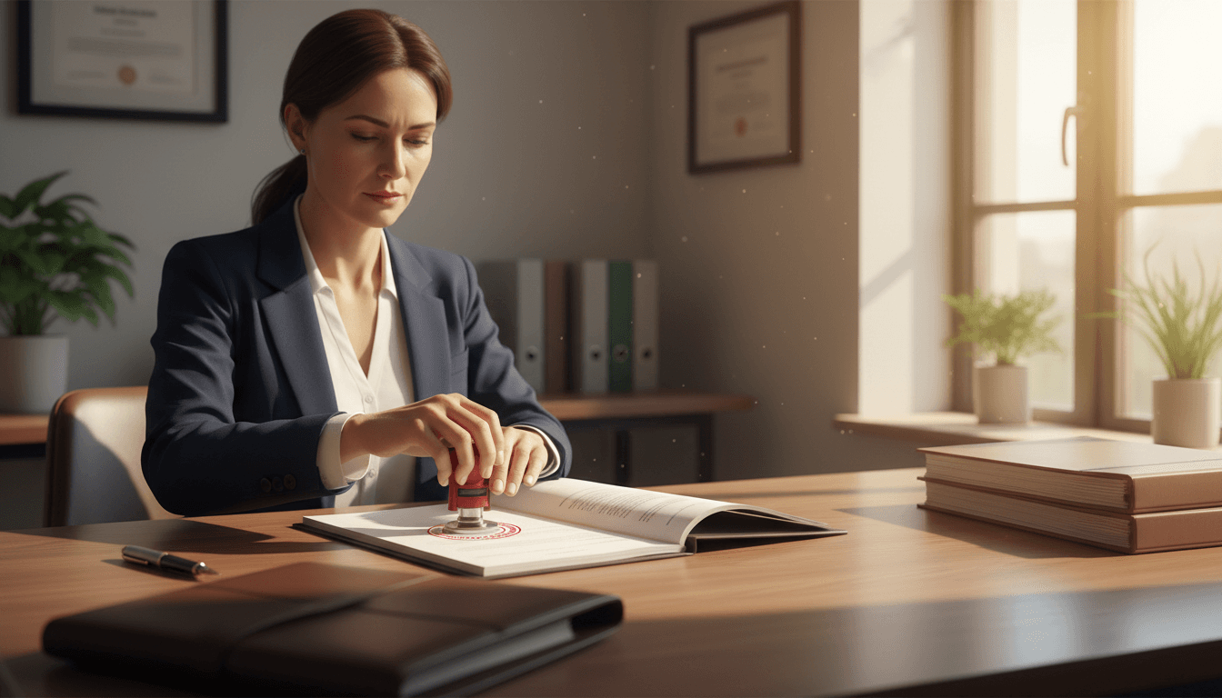 Professional notary public reviewing and stamping documents at a desk