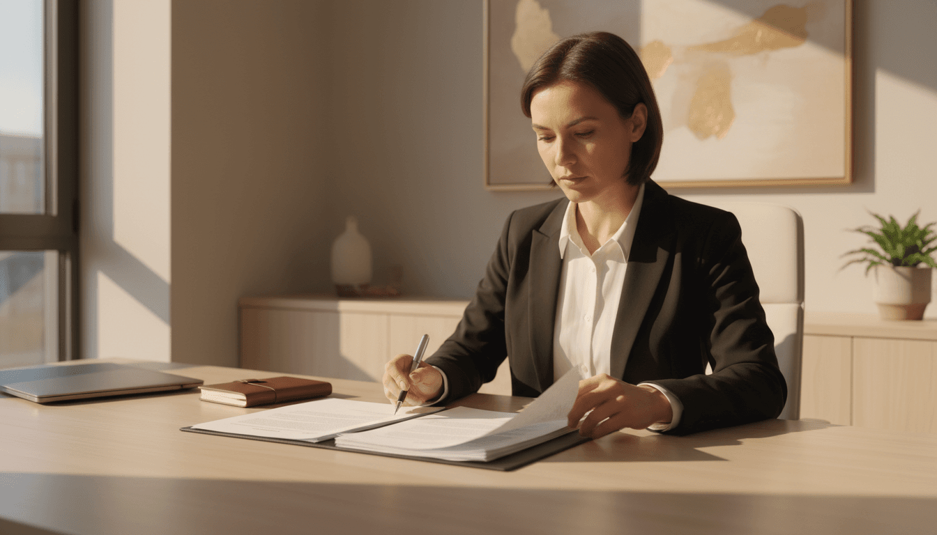 Professional notary reviewing documents at a desk in natural light