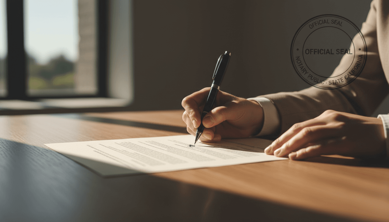 Professional signing ceremony with notary stamp and official documents