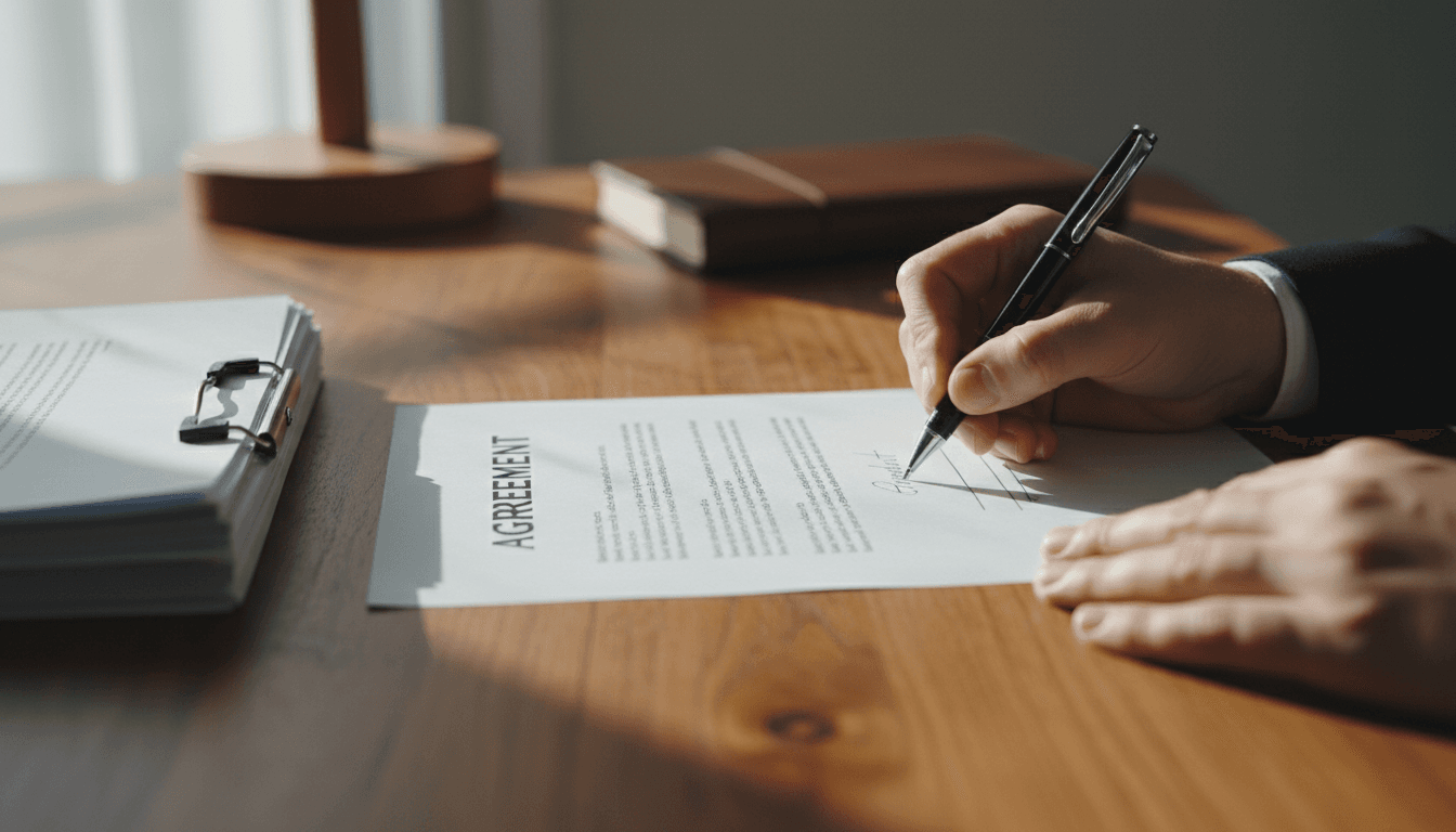 Professional signing documents at desk