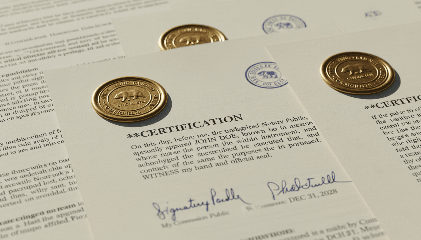 Notarized affidavit with official seal and certification