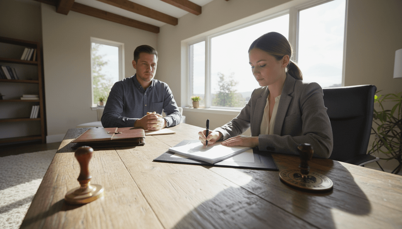 Professional notary reviewing and signing documents with a client