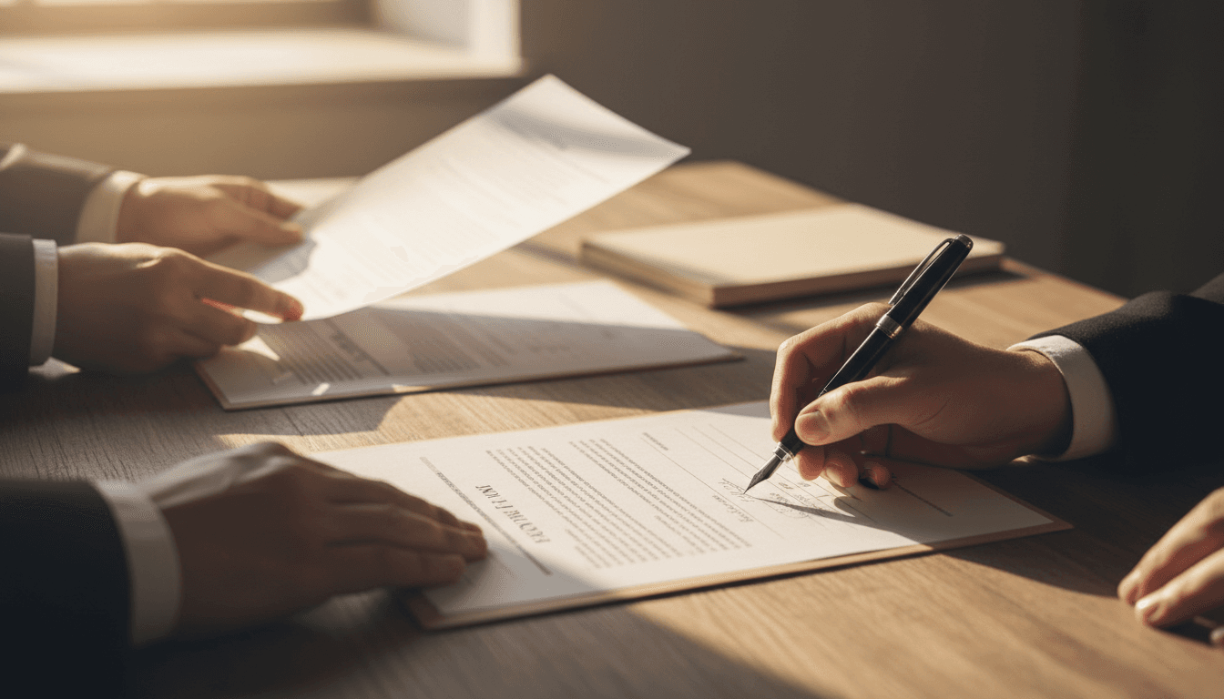 Professional signing documents with pen on desk