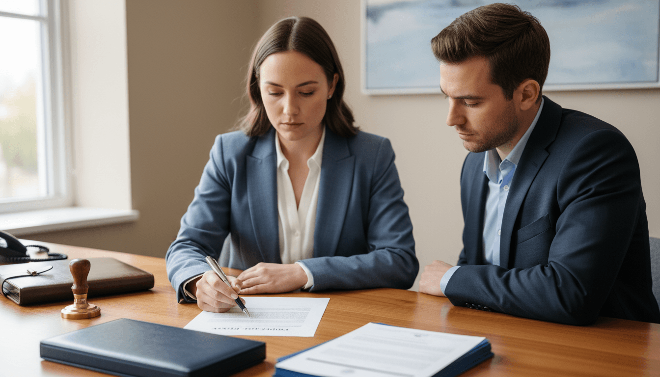 Notary reviewing power of attorney document with client